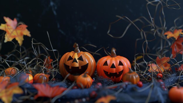 3D-weergave van een Halloween-achtergrond met pompoenbladeren en takjes De pompoenen hebben gebeeldhouwde gezichten en worden verlicht door een schijnwerper