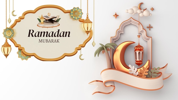 3D-weergave van een halve maan en een palmboom met het woord Ramadan Mubarak in de hoek