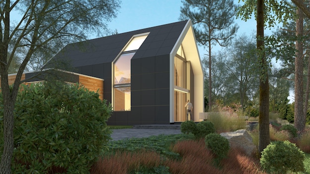 3d-weergave van een helder modern huis in een natuurlijk landschap