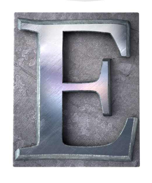 3D-weergave van een hoofdletter E in metallic typoscript afdrukken