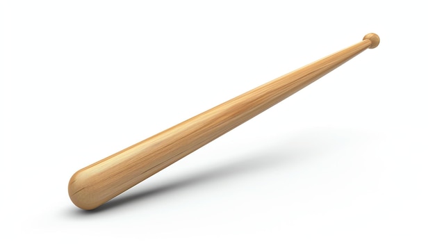 3D-weergave van een houten honkbalknuppel De knuppel is bruin en heeft een ronde knop aan het einde van het handvat. De knoppel ligt op een wit oppervlak.