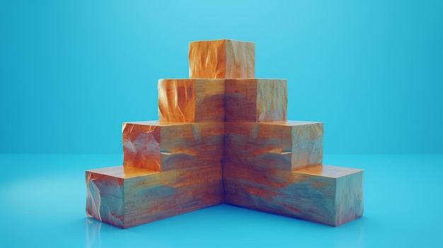 Foto 3d-weergave van een houten podium of voetstuk op een blauwe achtergrond
