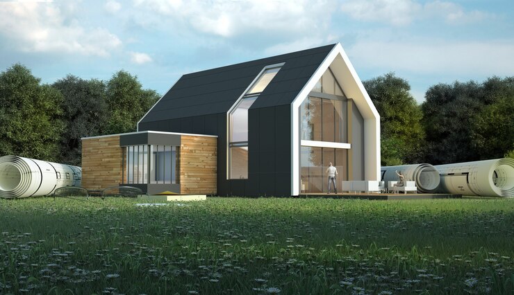 3D-weergave van een huis met blauwdrukken in een veld