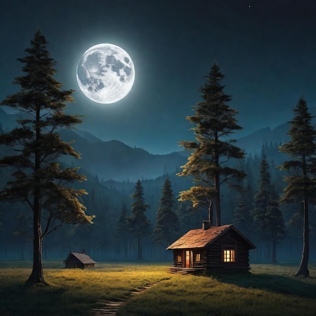 3D-weergave van een huis met de maannacht scène 3D- weergave van een house met de maan nacht scène