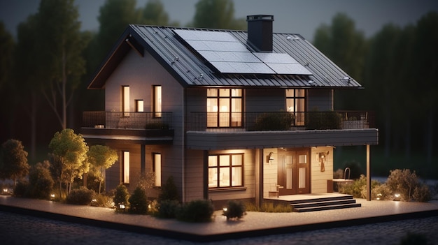 3D weergave van een huis met zonnepanelen op het dak