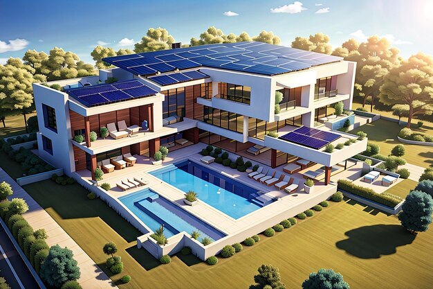 3D-weergave van een indrukwekkende moderne villa met luchtfoto van zonnepanelen