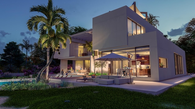 3D-weergave van een indrukwekkende moderne villa met tuin en zwembad in de schemering