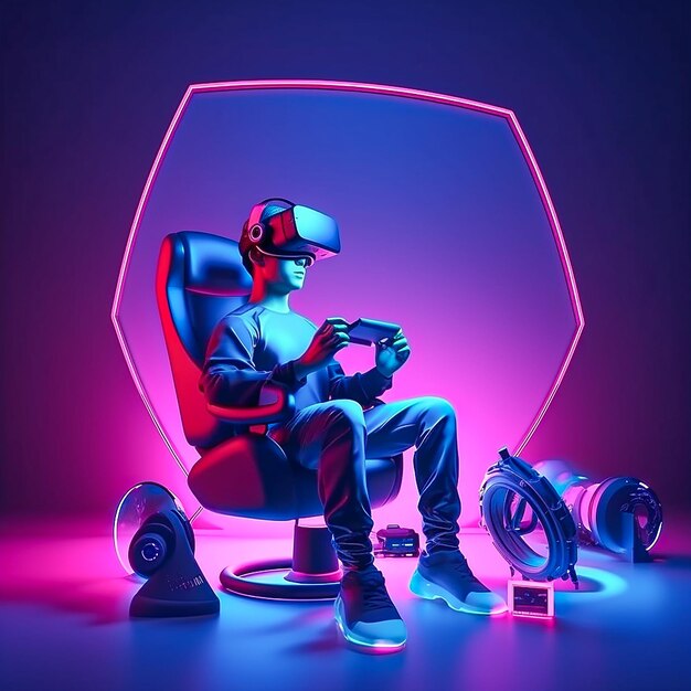 3D-weergave van een jonge man in een virtual reality bril die een spel speelt Neon licht achtergrond