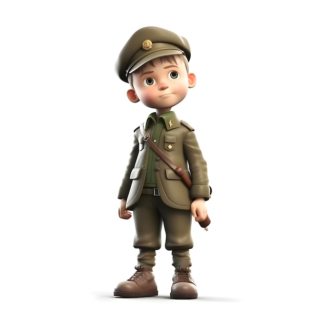 3D-weergave van een jongen verkleed als soldaat op witte achtergrond