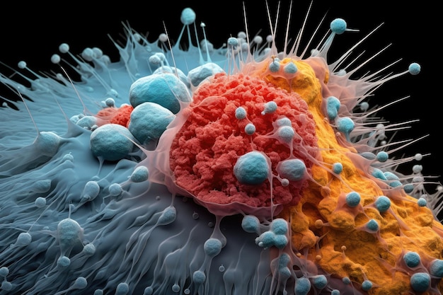 3D-weergave van een kankercel of tumor in het bloed Concept van een tumor in het menselijk lichaam Een 3D-microscopische weergave van een tumorcel in het lichaam biedt een duidelijk inzicht in kankergroei AI gegenereerd