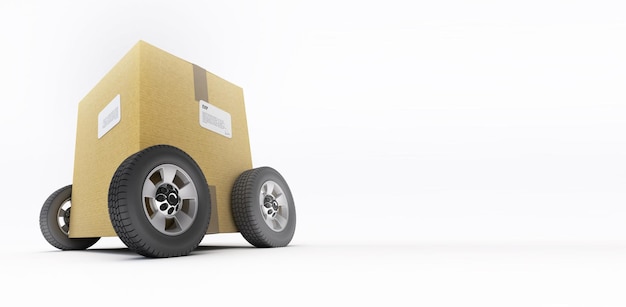 3D-weergave van een kartonnen doos op wielen op een witte achtergrond