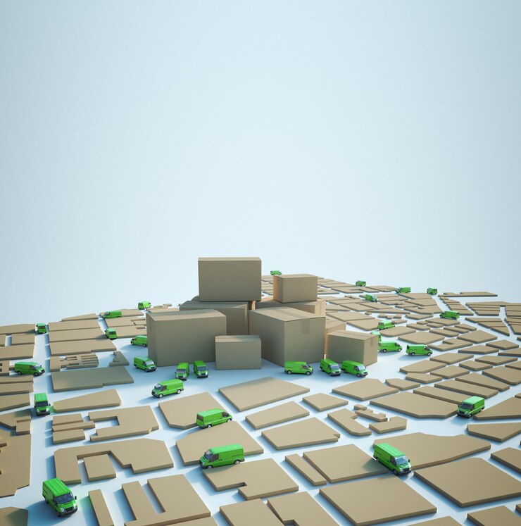 3D-weergave van een kartonnen getextureerde kaart met groene vrachtwagens die in omloop zijn en een stapel dozen