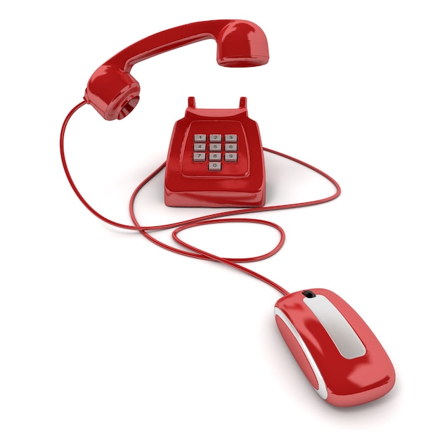 3D-weergave van een klassieke rode telefoon aangesloten op een computermuis