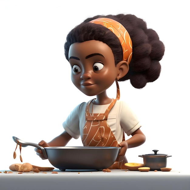 3D-weergave van een klein Afro-Amerikaans meisje koken met een pan