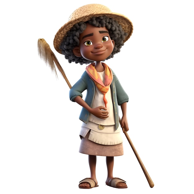 3D-weergave van een klein Afro-Amerikaans meisje met een bezemstok