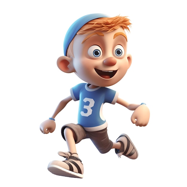3D-weergave van een kleine jongen die loopt met een blauwe pet op zijn hoofd
