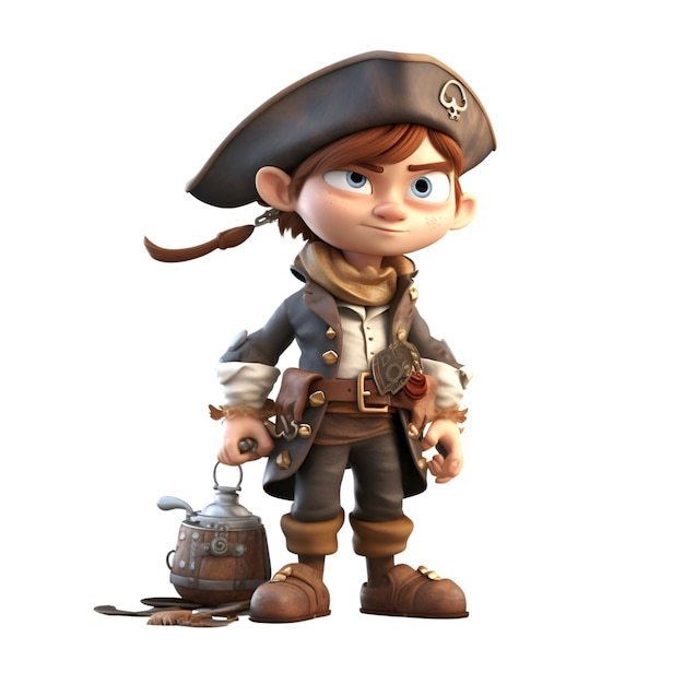 3D-weergave van een kleine jongen gekleed als een piraat geïsoleerd op witte achtergrond