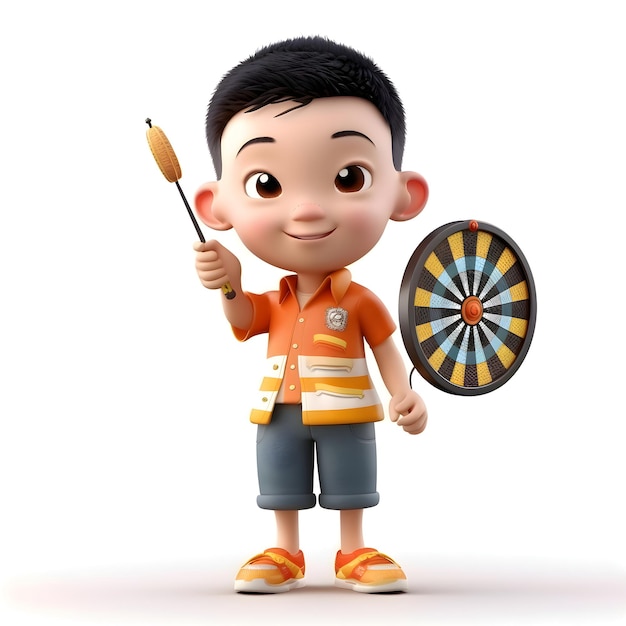 3D-weergave van een kleine jongen met een dartboard op een witte achtergrond