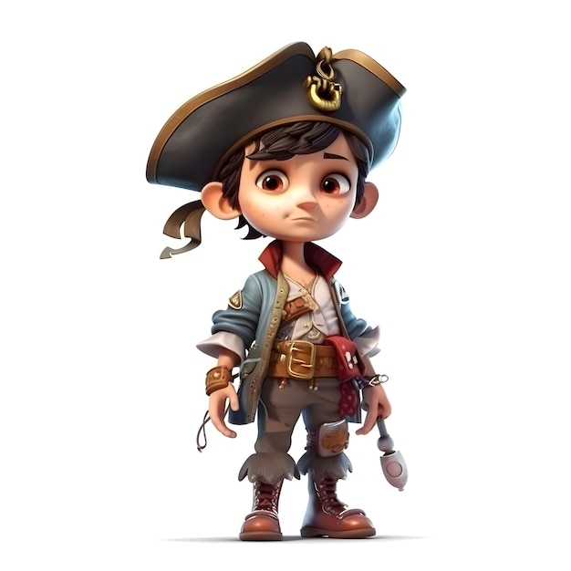 3D-weergave van een kleine piraat met hoed en kostuum geïsoleerd op wit