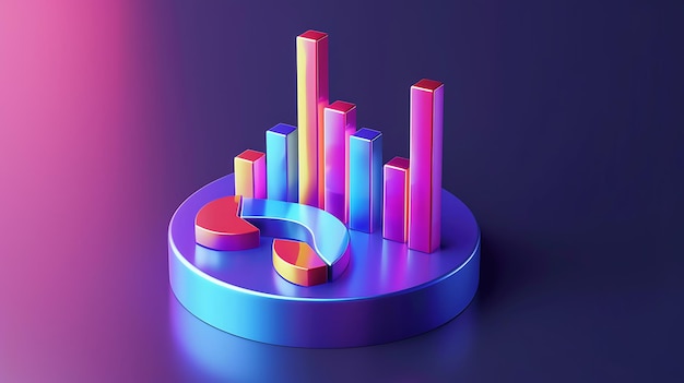 3D-weergave van een kleurrijke cirkelgrafiek en staafgrafiek op een podium Het podium wordt verlicht door een schijnwerper en de achtergrond is een donkerblauwe kleur