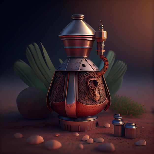 3D-weergave van een koffiepot van klei in de woestijn met palmbladeren