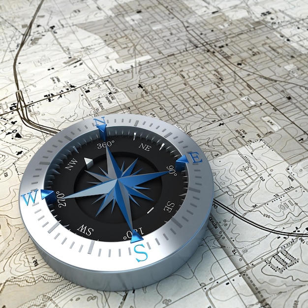 3D-weergave van een kompas bovenop een kaart
