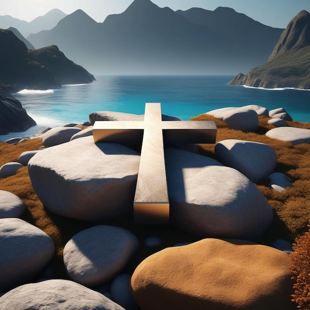 Foto 3d-weergave van een kruis bovenop rotsen