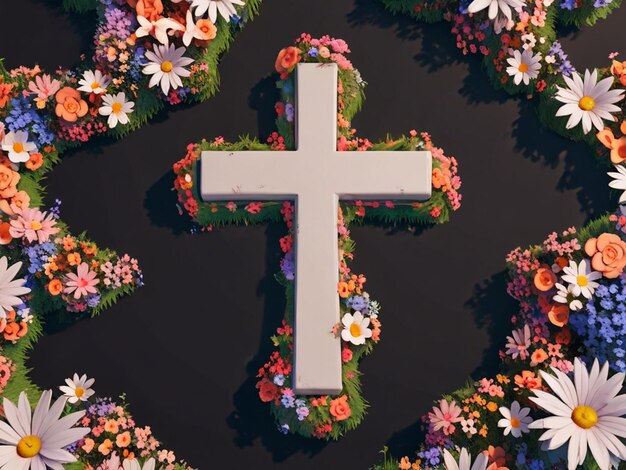 Foto 3d-weergave van een kruis omringd door bloemen