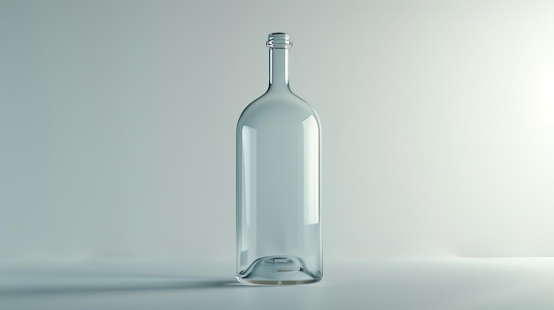 3D-weergave van een lege glazen wijnfles op een witte achtergrond De fles is in focus en heeft een glad reflectief oppervlak