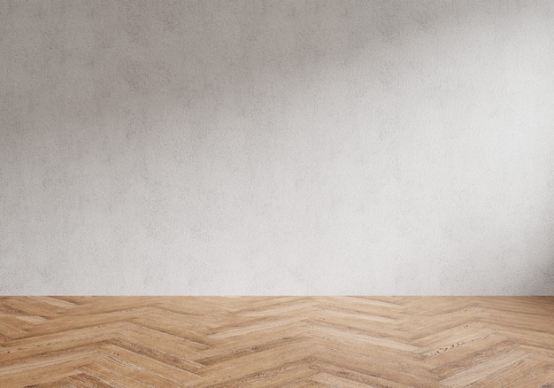 3D-weergave van een lege ruimte met witte muur en lichte houten vloer
