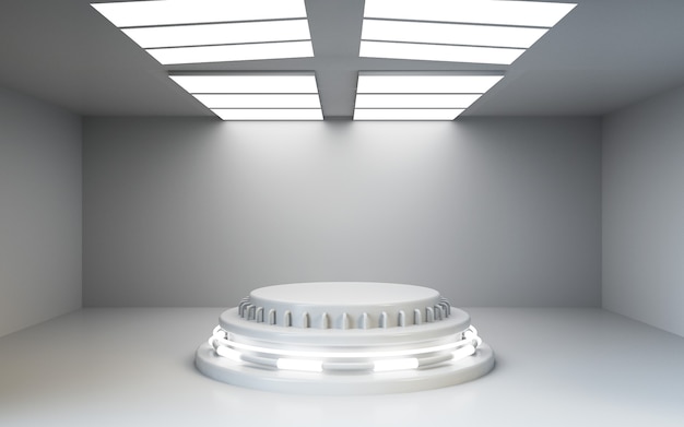 Foto 3d-weergave van een lege witte kamer met decoratieve verlichting en een rond podium voor productvertoning