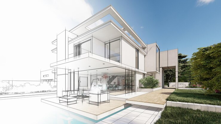 3D-weergave van een luxe moderne villa met zwembad en tuin