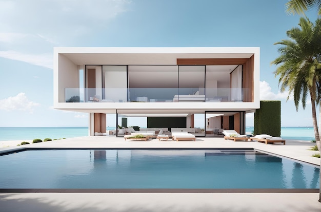 3D-weergave van een luxe moderne villa met zwembad en uitzicht op de zee