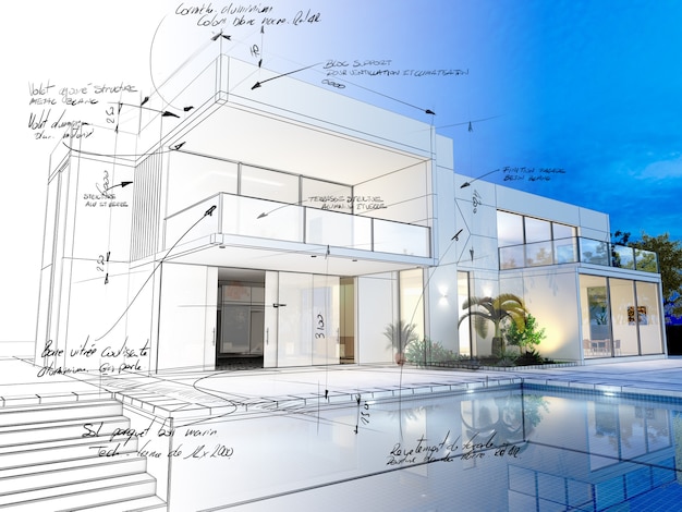 3D-weergave van een luxe villa met contrasterende realistische weergave en draadframe en notities