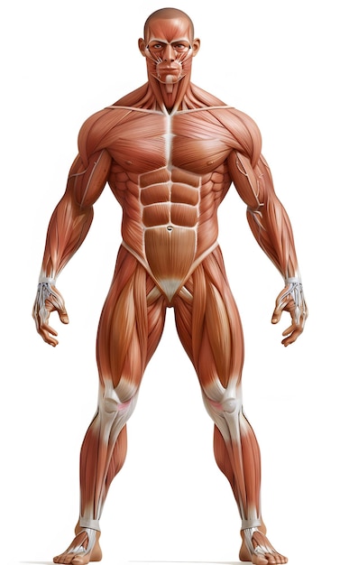 Foto 3d-weergave van een mannelijke figuur met spierkaarten geïsoleerd op een witte achtergrond