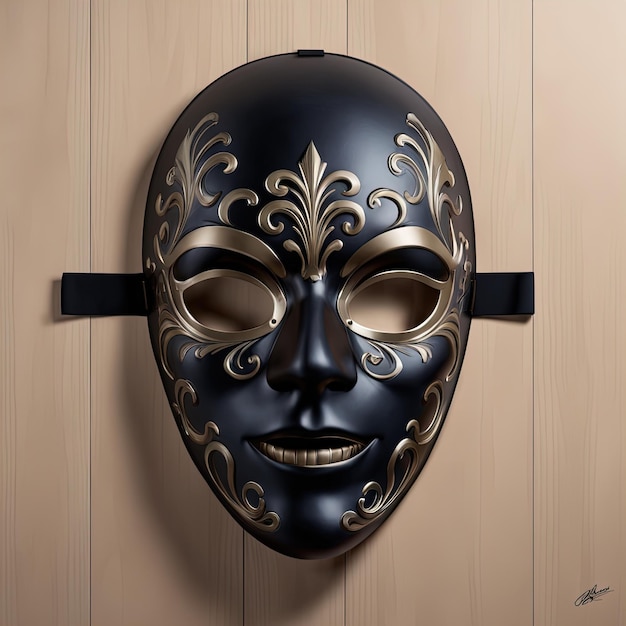 3D-weergave van een masker met een zwarte achtergrondzwart masker op de houten achtergrond 3D-weergave