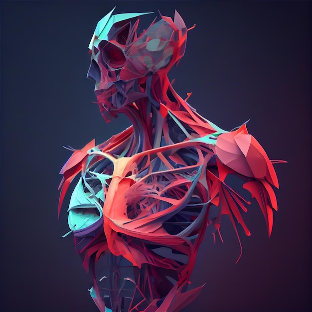 3D-weergave van een menselijk lichaam gemaakt met kleurrijke abstracte vormen geïsoleerd op zwarte achtergrond
