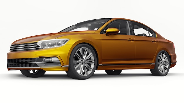 3D-weergave van een merkloze generieke oranje auto in een witte studio-omgeving.