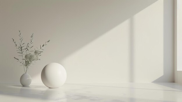 Foto 3d-weergave van een minimalistische kamer met een vaas met bloemen en een bol op de vloer de kamer wordt verlicht door een zacht licht van rechts