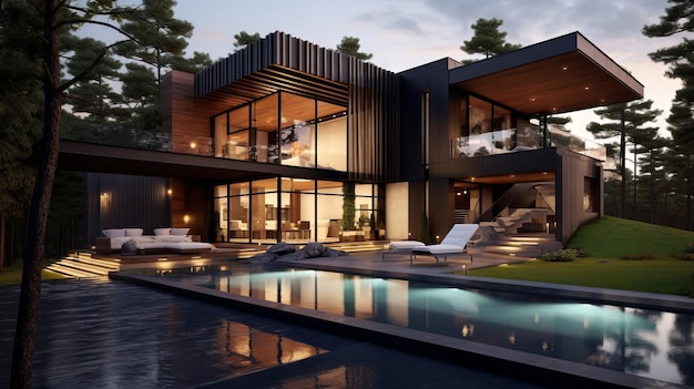 3d-weergave van een modern gezellig huis met zwembad en parkeergelegenheid te koop of te huur in luxe stijl en prachtige landschappen op de achtergrond Helder zomeravond met gouden licht uit het raam Generatieve AI