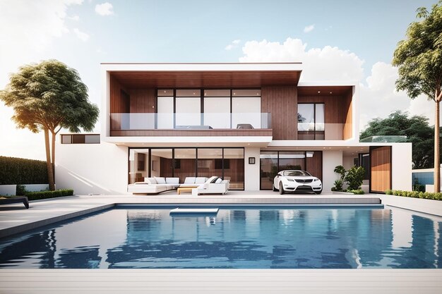 Foto 3d-weergave van een modern gezellig huis met zwembad en parkeerplaats te koop of te huur in luxe stijl geïsoleerd op wit
