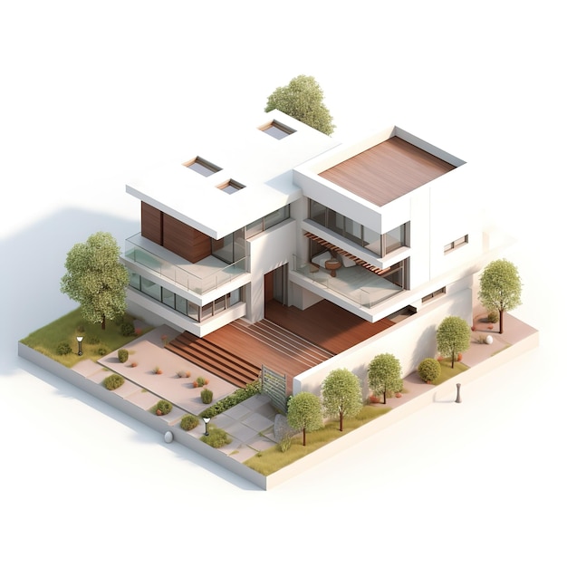 3d-weergave van een modern gezellig huis met zwembad en parkeerplaats te koop of te huur in luxe stijl Isolate