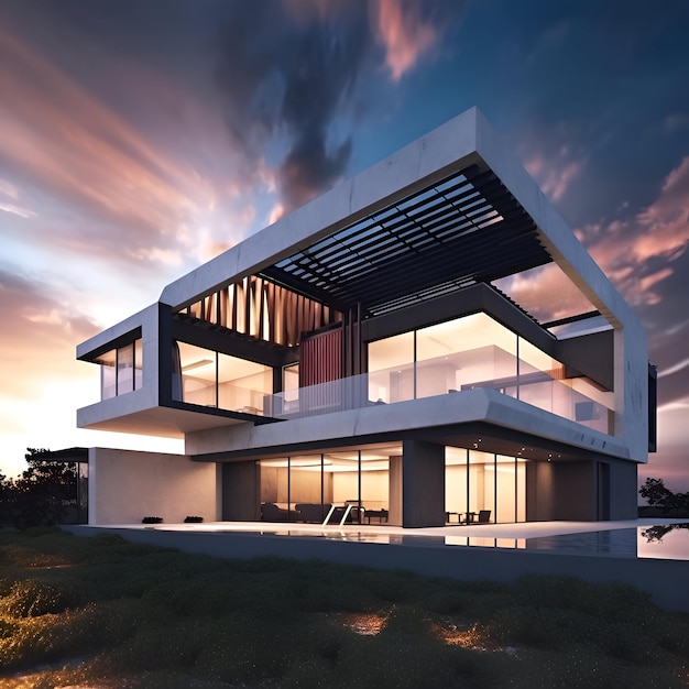 3D-weergave van een modern gezellig huis met zwembad en parkeerplaats te koop of te huur in luxe stijl Sunsetky