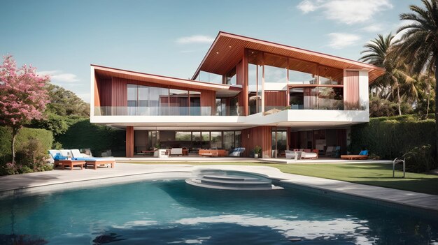 Foto 3d-weergave van een modern gezellig huis met zwembad en parkeerplaats te koop of te huur op een heldere zonnige zomerdag