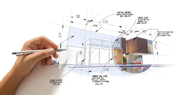 3D-weergave van een modern high-end architectuurproject met een hand schetsen en opstellen