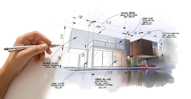 3D-weergave van een modern high-end architectuurproject met een hand schetsen en tekenen