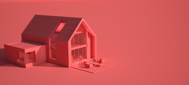 3D-weergave van een modern huis in rode tinten