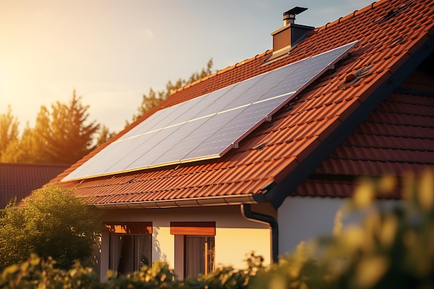 3D-weergave van een modern huis met zonnepanelen op het dak bij zonsondergang