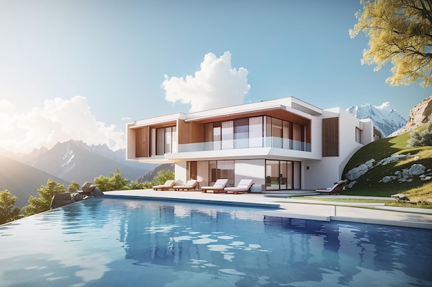 3D-weergave van een modern huis met zwembad op de achtergrond van de berg