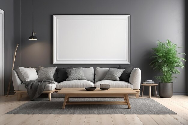 3D-weergave van een modern interieur met een leeg frame